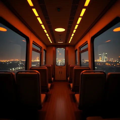 The interior of an empty train car at night, with warm lights and a cityscape moving slowly through the window.