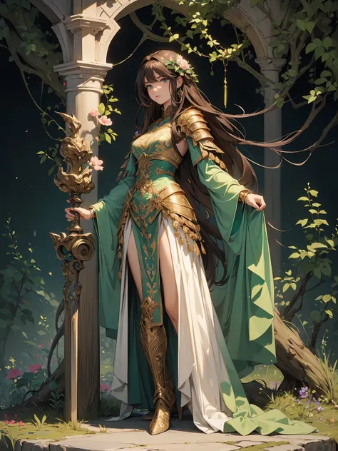 (((masterpiece, best quality, high detailed, 16k))) (1girl) A powerfully grounded goddess with long, earthy brown hair and deep green eyes. She wears an armor made of living wood, vines, and stone, with flowers blooming across her form. Her presence is as ...