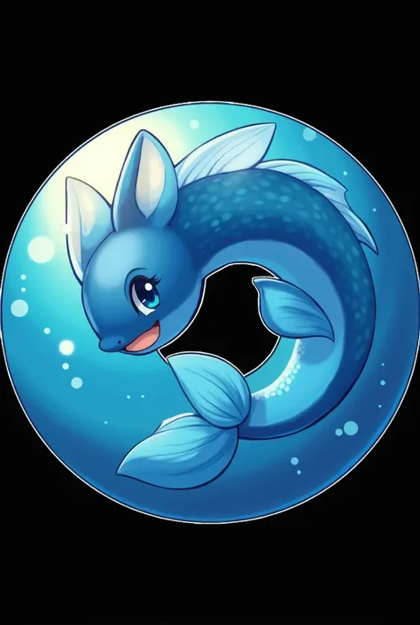 Digital 2D Artwork，Sticker style，Chibi style，A cute mermaid chibi，Blue and white fish tail，The head and tail form a ring，Blue and white fish head，Happy face，Cute big eyes，antlers，Simple background，（Best quality，4K，8k，high resolution，masterpiece：1.2），Ultra ...