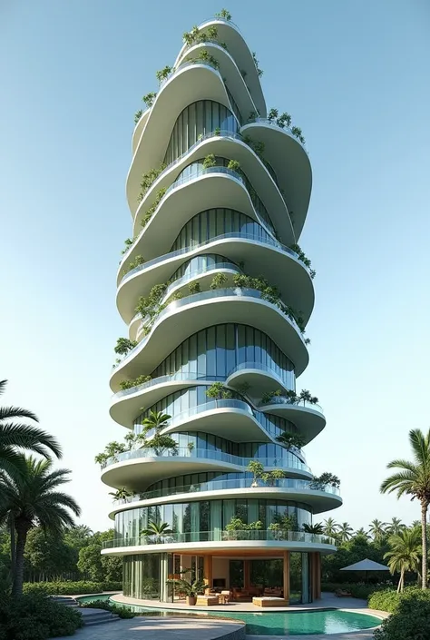 6-story hotel that represents a palm tree or resembles it, not so animalistic. Similar to the trunk, but less minimalist, more glass, more curves.
