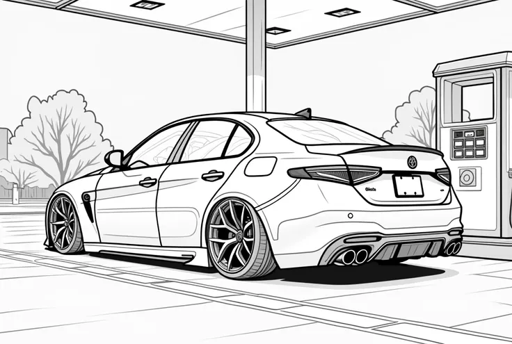 “Create a line drawing of a slammed white Alfa Romeo Giulia Quadrifoglio from the rear view, parked at a night gas station. The car should be lowered to the maximum with air suspension and equipped with large-diameter aluminum wheels. Please ensure the lin...