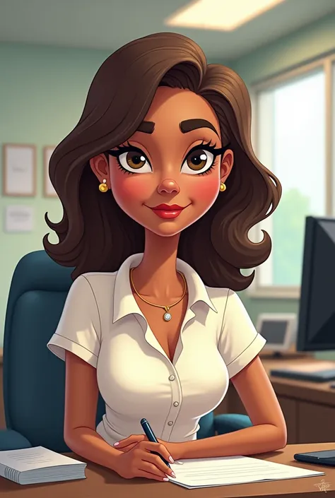 5 lady with light brown hair with lots of brown highlights, shoulder length tattooed eyebrows, dark skin, medium lips, dark eyes with a few wrinkles, cartoon office worker, flat nose 