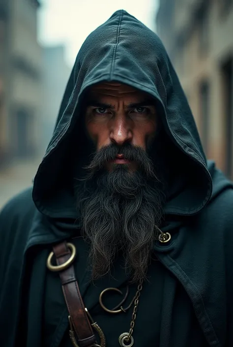 Fantasy, tall male figure with a black large and wide beard and brown eyes wearing a hoodie with the hood up. Background is a faded city. Portrait, fantasy, D&D, cinematic