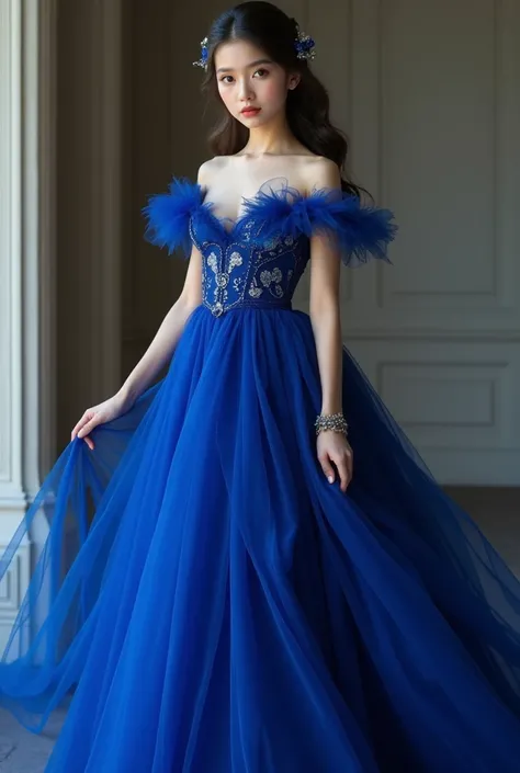 a girl who wear a royal blue dress and her race color in white her eyes is so bright and soft her eyes color is black and her heels color is shiny electric blue