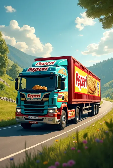 Create an image of a truck carrying crackers, in which the truck has the packaging of a salty cracker from the brand peperi