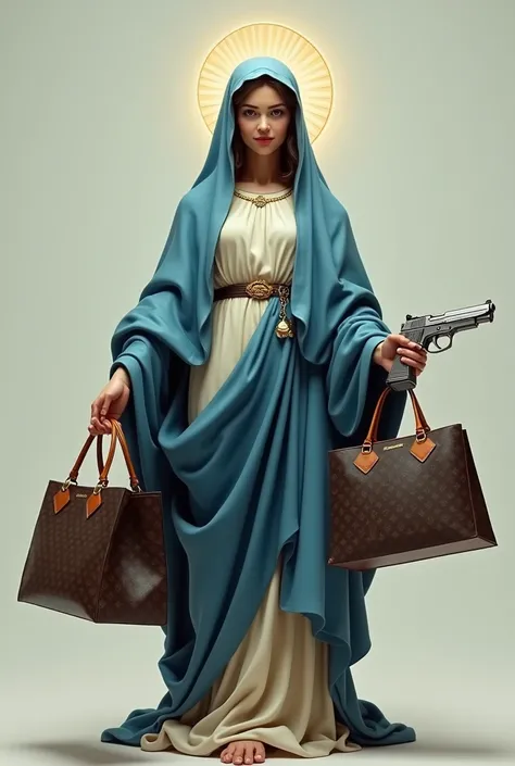 A typical figure of the Virgin Mary, but in one hand she is carrying a Louis Vuitton handbag and a Balenciaga shopping bag and in the other hand she is carrying a silver 9mm pistol, He is smiling evilly 