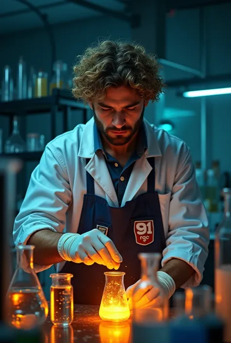 A chemistry student, with brown complexion, light curly hair and a curly beard, wearing an apron and gloves, is doing a chemical reaction.  His apron bears a 91 roll stamp and the SGC logo.  He is in a dimly lit laboratory. 8k quality, Cinematic photograph...