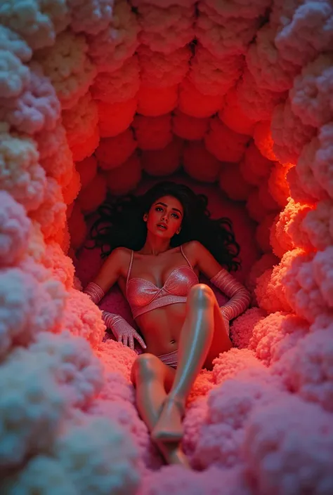 "A surreal and whimsical scene set inside the belly of a gigantic plushie, where the walls are made of soft, colorful plush material. A beautiful woman, dressed in a shimmering satin costume, lies on the floor in the center with an expression of frustratio...