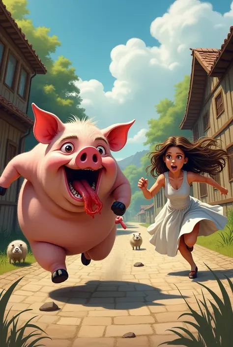 A male pig, drools and runs after a woman, who runs for her life