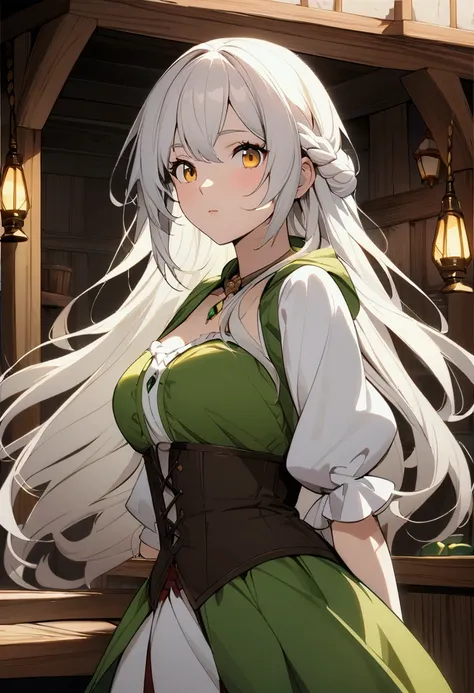 A girl who is a fairy is in a tavern, she is very fair skinned and beautiful. she has white hair and golden eyes. Animated art inspiration. Ultra high quality.