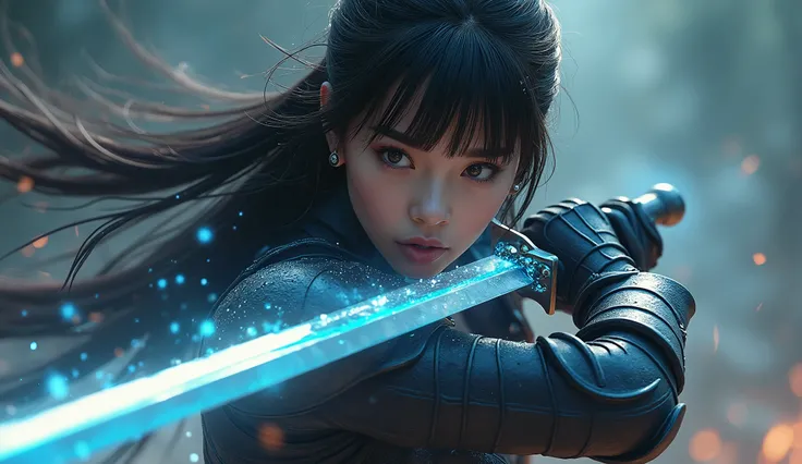 best quality,4k,8k,highres,masterpiece:1.2,ultra-detailed,realistic,photorealistic,photo-realistic:1.37,HDR,UHD,studio lighting,ultra-fine painting, A beautiful young magic swordswoman slashing at an evil enemy, A burst of determination, Intense action, sh...