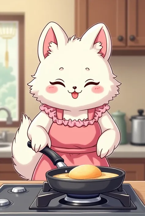 Line Stamp Specification、anime、Pink frilly apron、A cute fluffy white ermine mother、Cooking with a frying pan in the kitchen on a gas stove at home