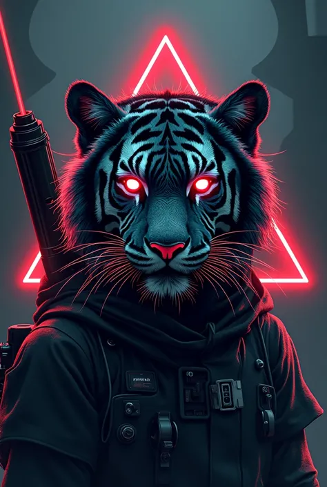 tiger animal movie t-shirt design, cyber helmet, dreadlocks, red glowing triangle at back, laser weapon on shoulder, dark background