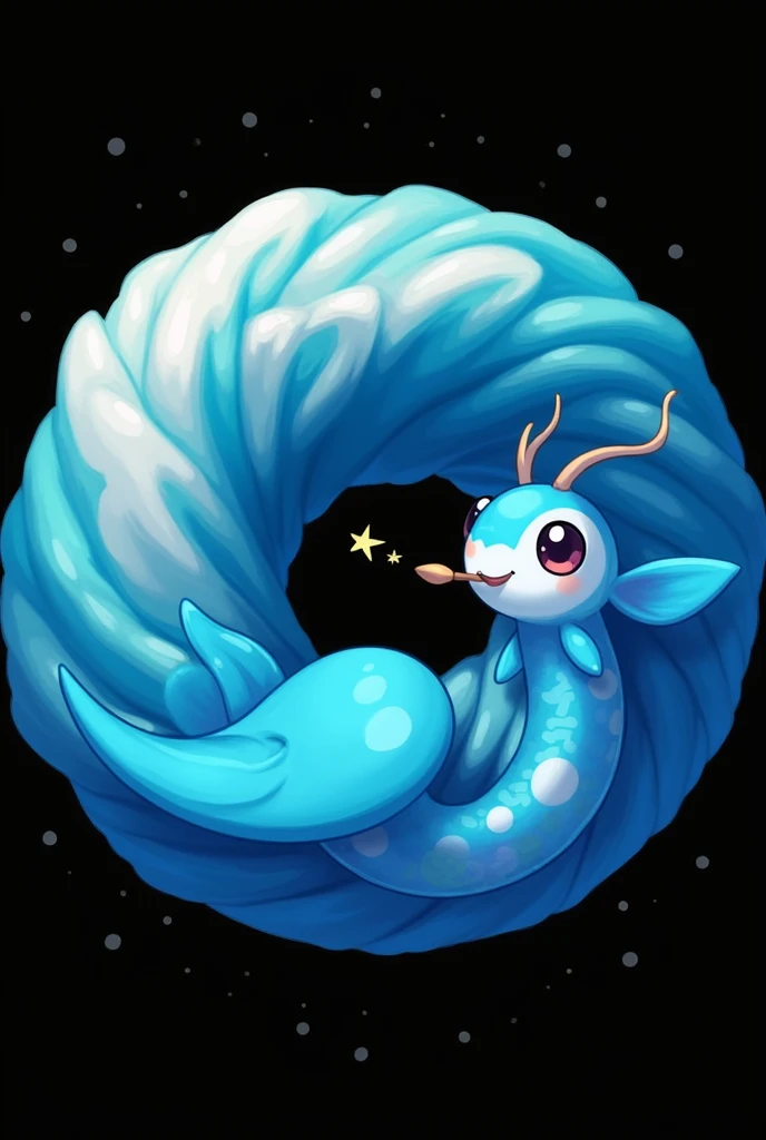 Digital 2D Artwork，Sticker style，Chibi style，A cute mermaid chibi，Blue and white fish tail，The head and tail form a ring，Blue and white fish head，Happy face，Cute big eyes，Holding a paintbrush in mouth，antlers，Simple background，（Best quality，4K，8k，high reso...