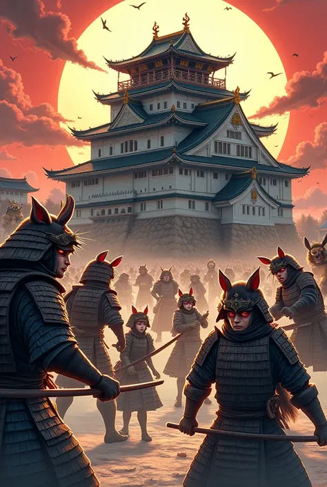 top quality, best quality, High-quality illustrations, highres, masterpiece, super high resolution, detailed background, japanese castle, samurais, 6+boys, 6+girls, absurdres(highly detailed beautiful face and eyes)perfect anatomy, good lighting, cinematic...