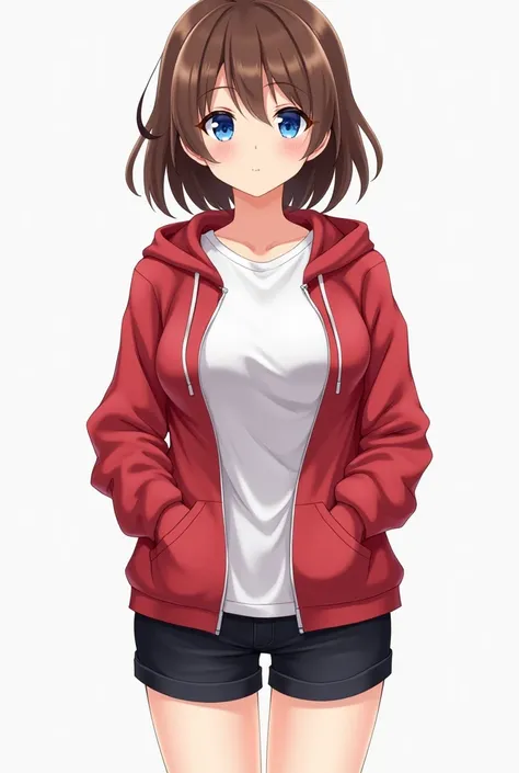 girl, cute, Anime Style, Wearing a red hoodie、He&#39;s wearing a white T-shirt underneath, G-Cup, Black shorts, Bright Blue Eyes, Brown Hair, Slightly longer hair