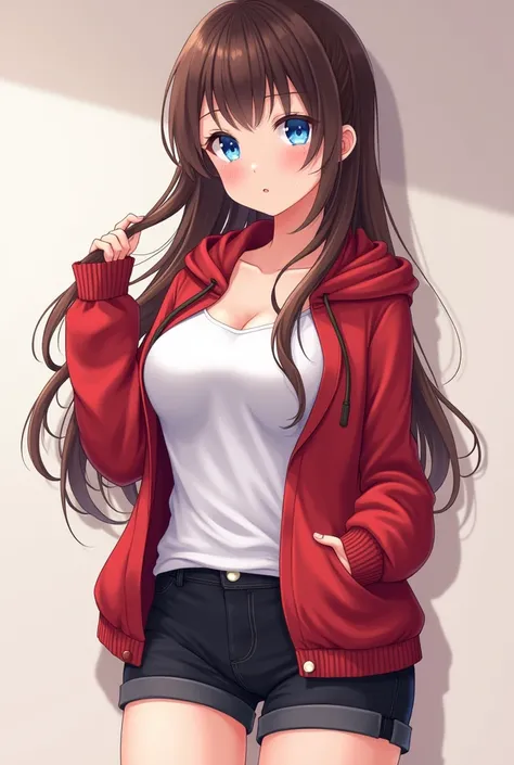 girl, cute, Anime Style, Wearing a red hoodie、He&#39;s wearing a white T-shirt underneath, G-Cup, Black shorts, Bright Blue Eyes, Brown Hair, A little longer hair, a little sexy