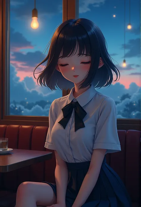 (8K, RAW photo, Best Quality, Masterpiece: 1.2), (Realistic, Photorealistic: 1.37), Ultra HD, 1 girl, Cute, Solo, Beautiful sky, Detailed cafe, Night, Sitting, date, (nose lip), (smile: 1.1), (closed), medium breasts, beautiful eyes, (collared shirt: 1.1),...