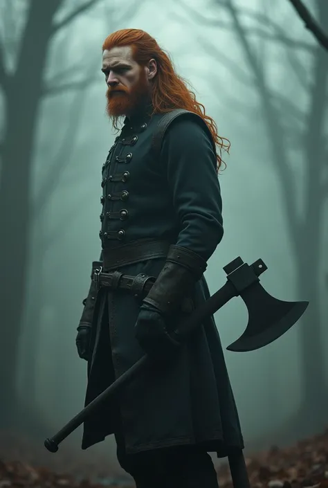 (solo, full body photo:1.3), (action packed:1.3), (haze, fog, mist:1.3), chiaroscuro, best quality, photorealistic, 1man, (evil), (24yo:1.2), redhead, long ginger hair highly detailed, hiding axe on his back,1700S, digital photography, art by artgerm and r...