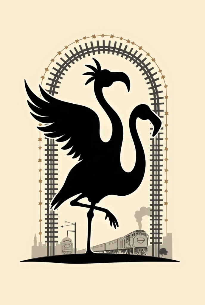 Design a silhouette for "Culinary Heritage Rincon Paceño", a bar restaurant that prominently combines flamenco and trains. The silhouette should reflect a modern and elegant style., integrating both elements harmoniously. Flamingos should be the main eleme...