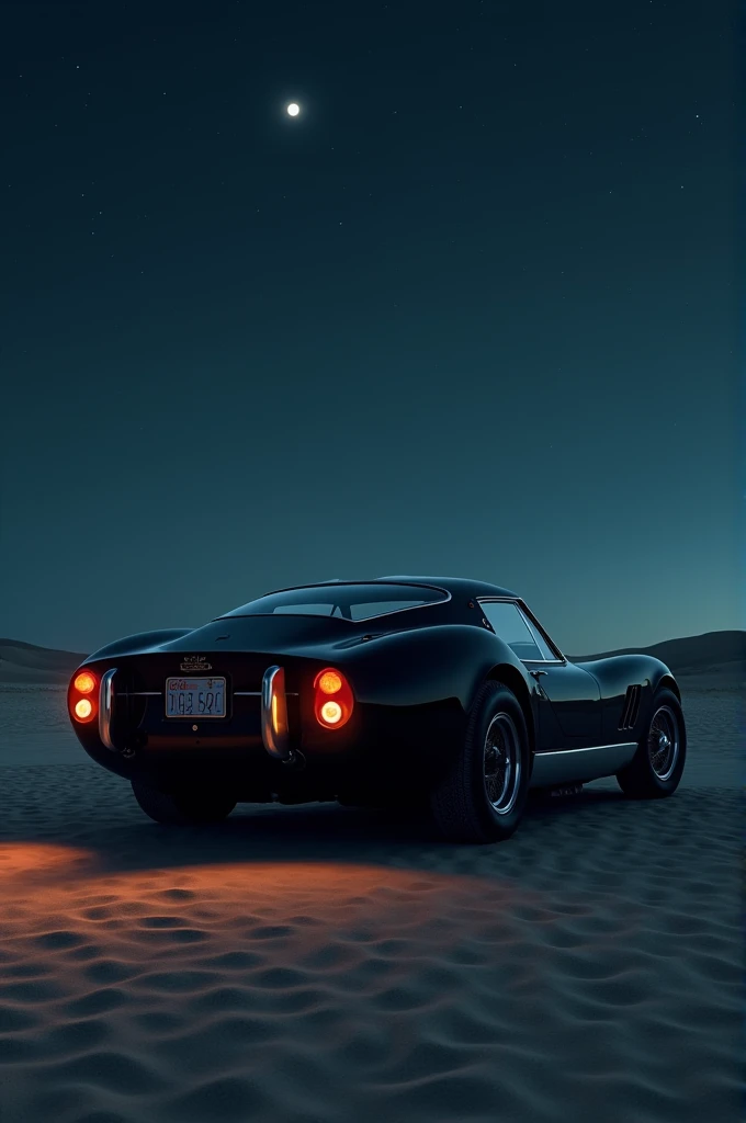 A black sport vintage car from its back in desert area in night 