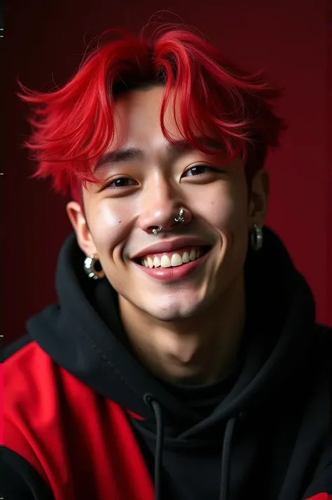 Hyper smooth detail photography half  body of  cute handsome korean man, red colored hair, a nose ring onn the left side of the nose, piercings above each eyebrow, and so many in ear, smiling, in a black and red hoodie, deep color, realistic and ultra hd