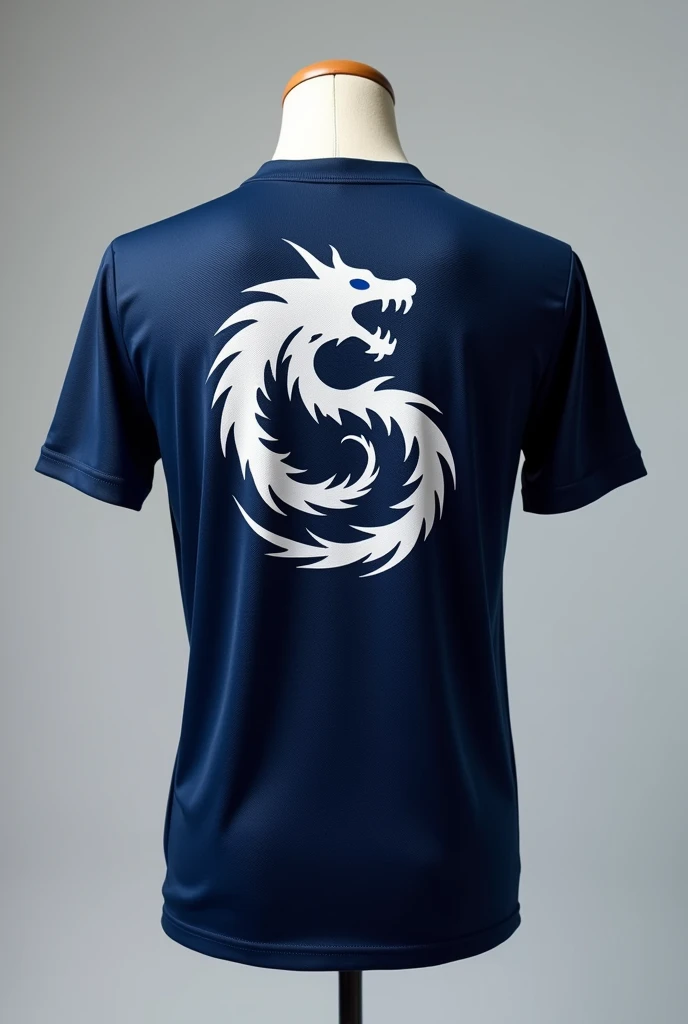 Volleyball jersey with logo that’s white dragon with blue eyes mannequin wearing from the back color is navy blue