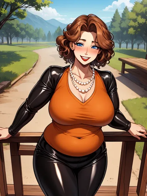 masterpiece, best quality, 1girl, portrait, 44yo woman, shoulder-length brown hair with some curly, blue eyes, medium breasts, round face, fat face, mascara, red lipstick, fat, chubby, round belly, plump body, ((Wearing: Orange V-neck shirt, pearl necklace...