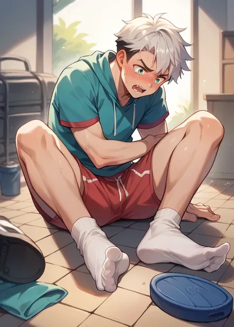 Sporty boy showing feet
Blush 
Open mouth