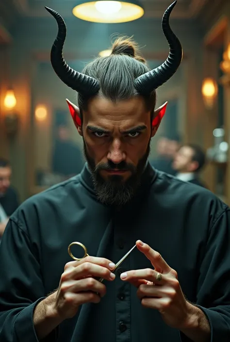 Man with demon horns works as a hairdresser barber man 