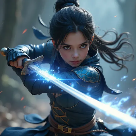 best quality,4k,8k,highres,masterpiece:1.2,ultra-detailed,realistic,photorealistic,photo-realistic:1.37,HDR,UHD,studio lighting,ultra-fine painting, A beautiful young magic swordswoman slashing at an evil enemy, A burst of determination, Intense action, sh...