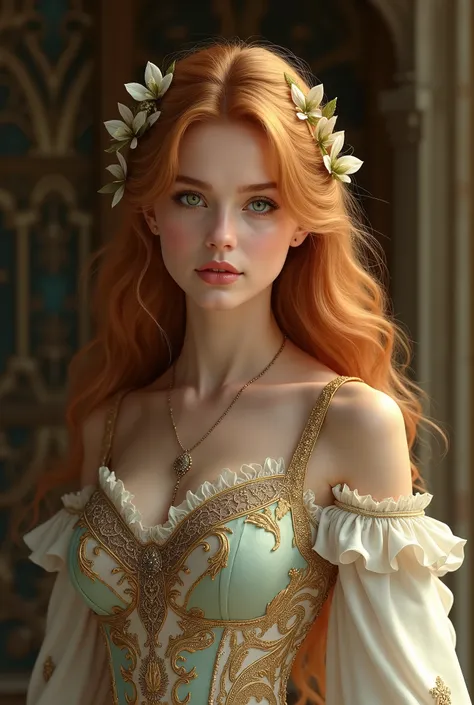 Create a captivatingly beautiful woman, with long red hair in a lighter shade, almost golden, that falls softly over your shoulders like strands of silk in the wind. Your green eyes, of a bright, clear green, exude specialness and a deep delicacy, capable ...