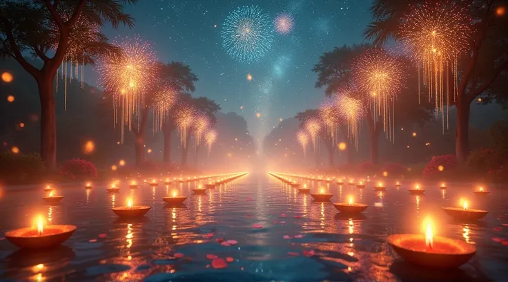 Magical Light Dance: Floating diyas light up a maze of water features during Diwali. Golden lotus flowers bloom at the touch of the flames, releasing colorful sparks that transform into luminous peacocks. In the night sky, constellations form shimmering ma...