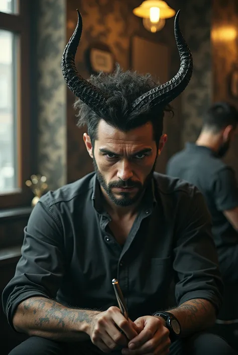 Man with demon horns works as a hairdresser barber man 