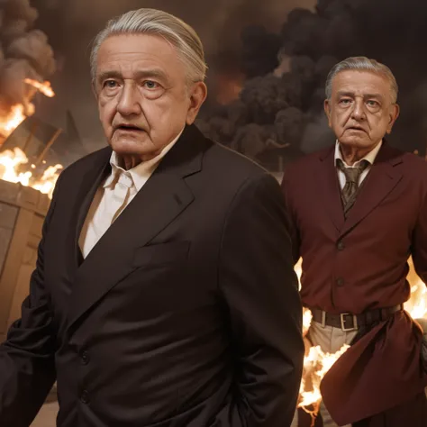 70 years, Old man in a drama movie scene with explosions and fire, black clothes, detailed and expressive faces, mexico"