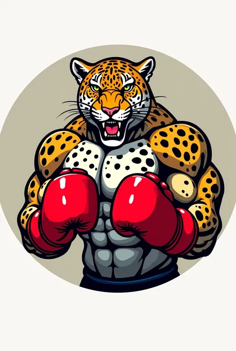 Circular watermark featuring a large, muscular jaguar wearing red boxing gloves, the drawing style should be cartoonish with thick lines