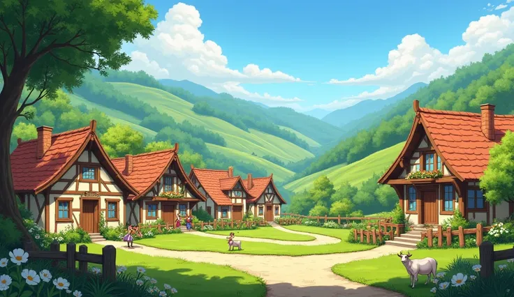 A small, idyllic village nestled in a lush green valley, with simple cottages made of wood and clay, people smiling and going about their daily lives under a clear blue sky, surrounded by rolling hills and trees.