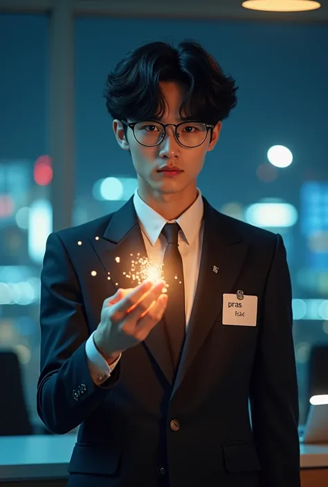 create a douyin handsome, (HD text name tag: "PRAS"), {background: night},  office clotes, realistic, HDR, korean style, age 20, use glasses, use magic, black hair, curly hair