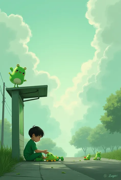 I have green toys Under a cloudy sky We go to the bus stop But no one will meet us