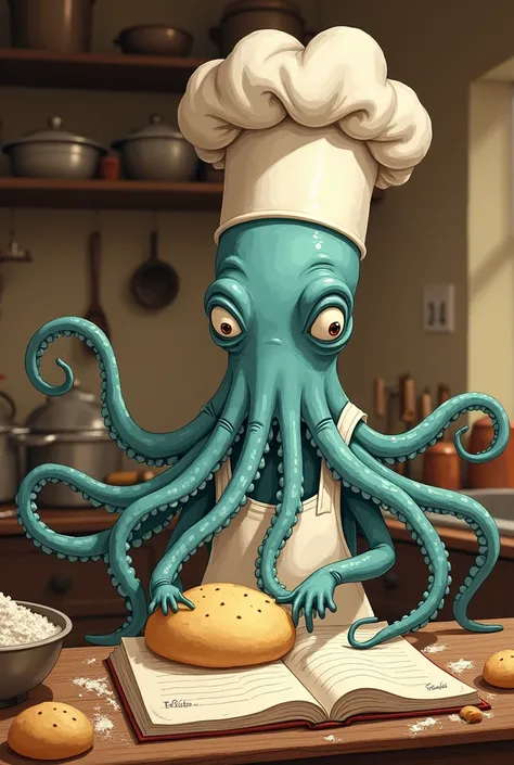 a squid wearing clothes and a kitchen hat, holding a recipe book and kneading dough