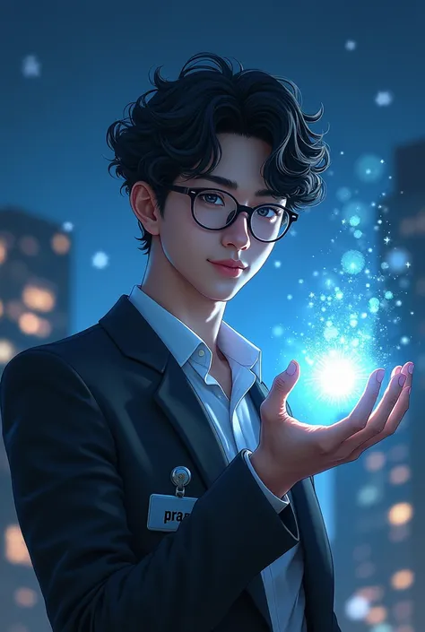 create a douyin handsome, (HD text name tag: "PRAS"), {background: night},  office clotes, realistic, HDR, japan style, age 20, use glasses, use magic, black hair, curly hair