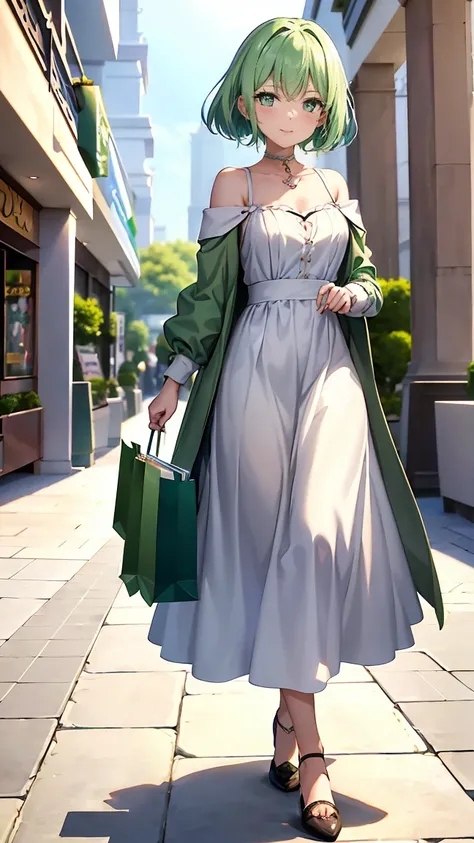 Shoulder-length green hair, Small size breasts, Small breasts、Green Eyes, 、(((Ladylike))),A composition that captures the whole body from head to toe、Feminine clothing、Outerwear、Long skirt、Chuckle、((Walking side by side with a viewer in a shopping mall))、D...