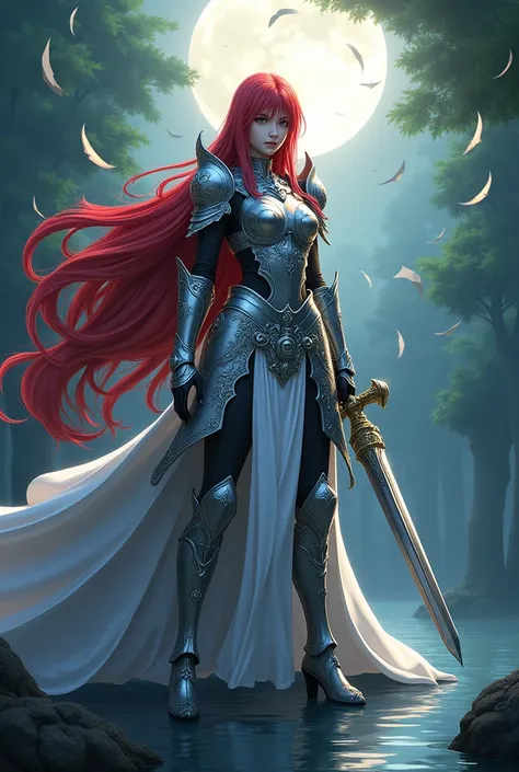 "A realistic portrayal of Erza Scarlet from Fairy Tail, standing at the edge of a mystical lake under a full moon. Her long red hair flows dramatically in the wind, and she is wearing her Heavens Wheel Armor. The armor consists of intricate silver plating ...