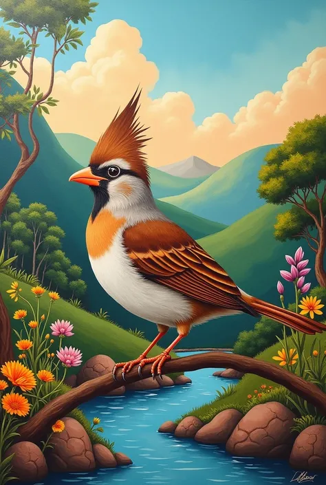 Generate the mural of a Colombian crested sparrow with a pleasant and easy-to-paint background where the diversity of the.south of nariño
