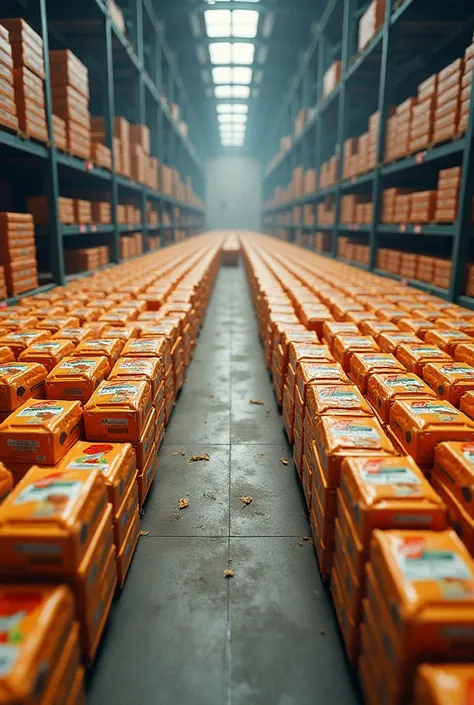 Create an image of an industrial chamber where ready-made and packaged salty crackers are stored      (Packaging must have the Peperi brand logo) ready for transport and delivery