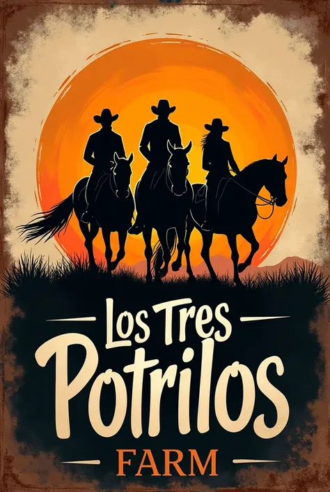 Sign design for the Los Tres Potrillos farm with the silhouette of 3 horses with riders and with the letters that say Los Tres Potrillos


