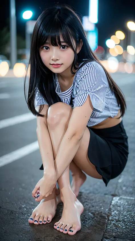 Focus on your feet, Glowing black eyes, Feminine Style, One Girl, asymmetrical bangs, bangs, Black Hair, goodid, good, Looking into the camera, smile, America City at night , abdomen, Red lips, shirt, Alone,, goodid,, Perfect body line, beautiful curve, be...