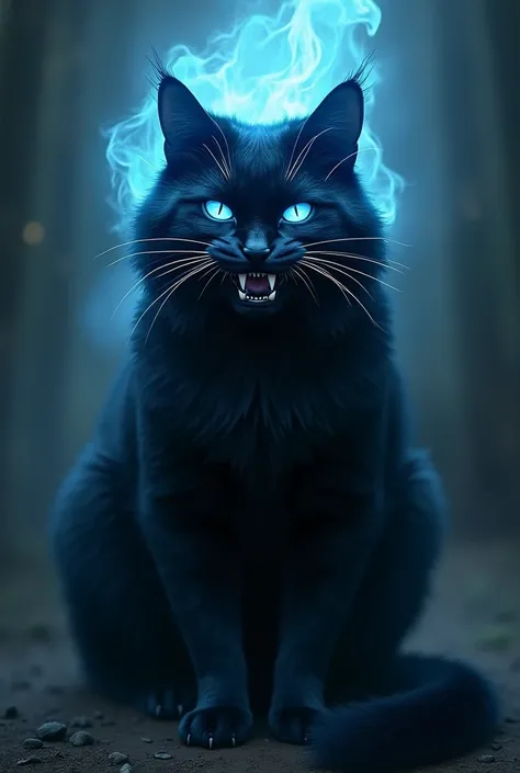 Beautiful big black cat Satan in the dark in a blue ghostly flame sits furiously grinning with burning eyes close-up