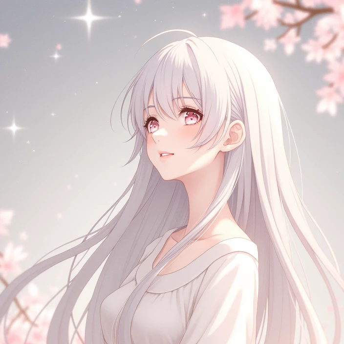 Upper Body,High image quality,8k,girl, Long Hair, Gray Hair,Pale pink eyes,White dress, cute,Fluffy atmosphere,Blushing, smile, Look at, night,Starry Sky,night空眺めてる,