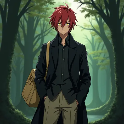 A boy with pale red hair.His eyes look at everyone with hypocrisy and pride. .He is wearing a black coat with long sleeves.,beige pants.A beige bag is slung over the blecho.yellow eyes.A forest is depicted in the background, Bangs with parting, gradient ha...